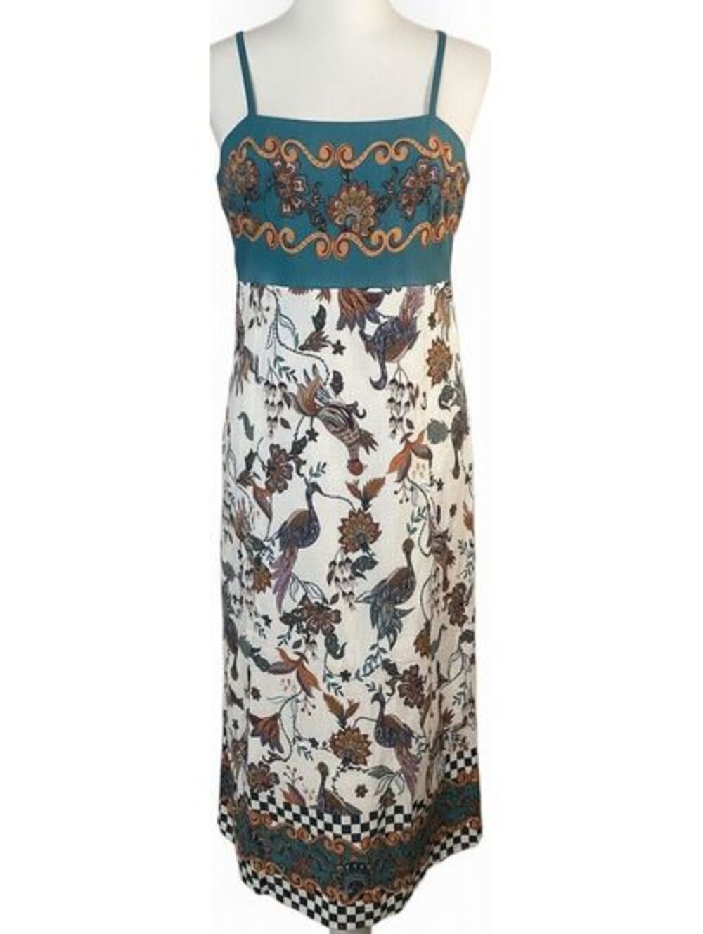 Rachel Zoe Size 10 Teal Peacock Floral Maxi Sundress Smocked Boho Pockets